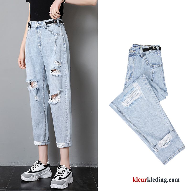 Gaten Grijs Broek Spijkerbroek Jeans Elastiek Losse Zomer Dames