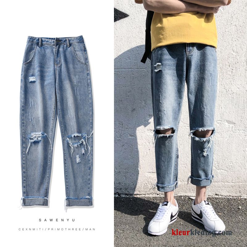 Gaten Spijkerbroek Jeans Trendy Merk Losse Rechtdoor Blauw Heren