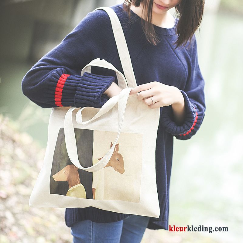 Handtas Kunst Vintage Winter Tas Canvas Dames Herfst Het Winkelen Wit