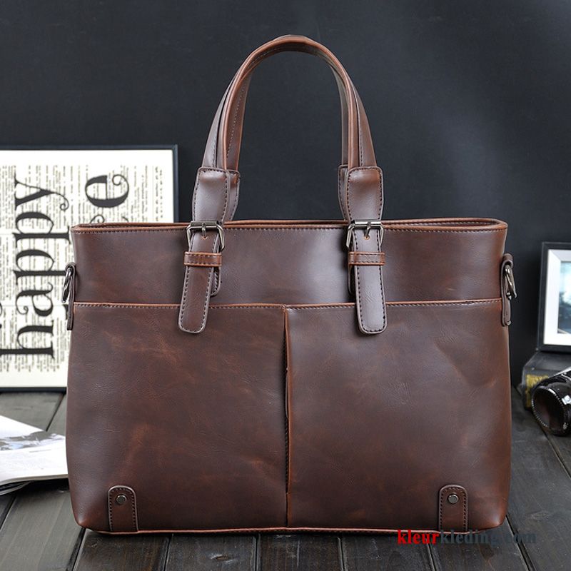 Handtas Tas Heren Casual Computer Tas Leer Vintage Business Bruin