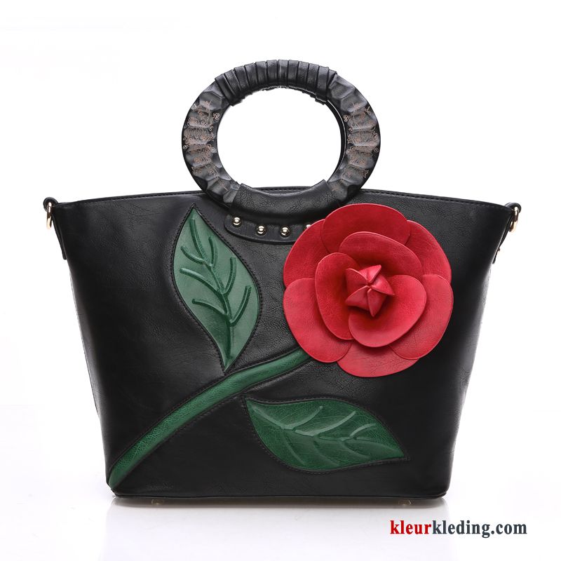 Handtas Tas Mode Bloemen Dames Driedimensionaal Hout Nieuw Trend Rood Zwart