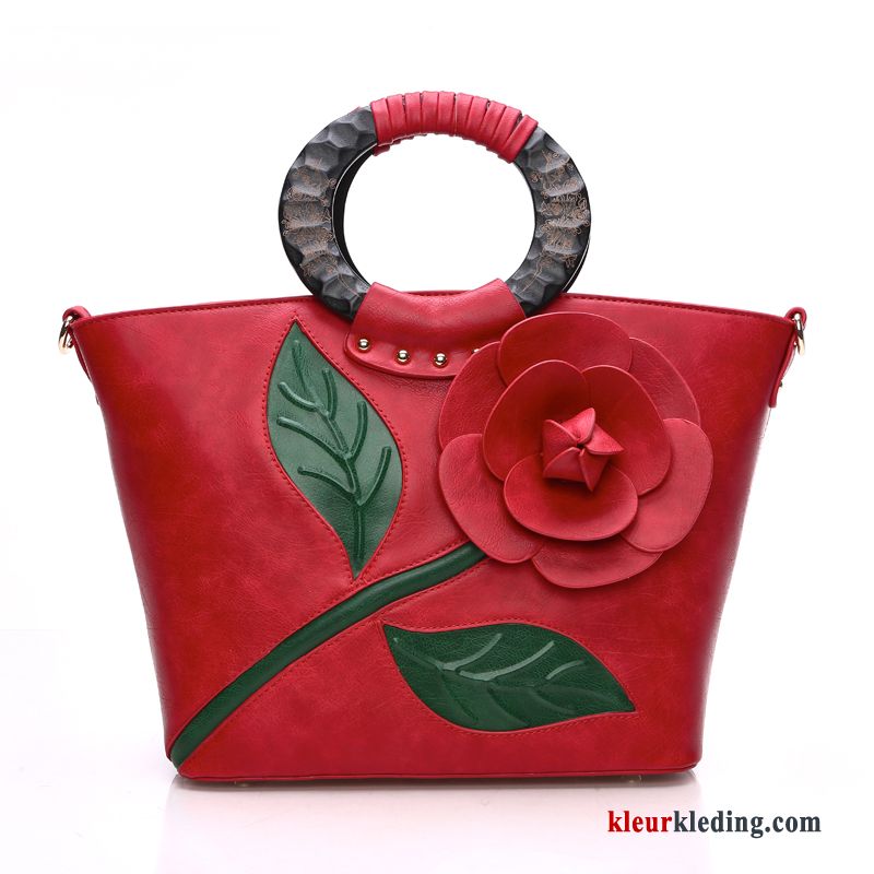 Handtas Tas Mode Bloemen Dames Driedimensionaal Hout Nieuw Trend Rood Zwart