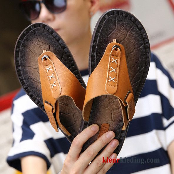 Heren Antislip Pantoffels Leer Zomer Schoenen Strand Slipper Mannen Rood Bruine