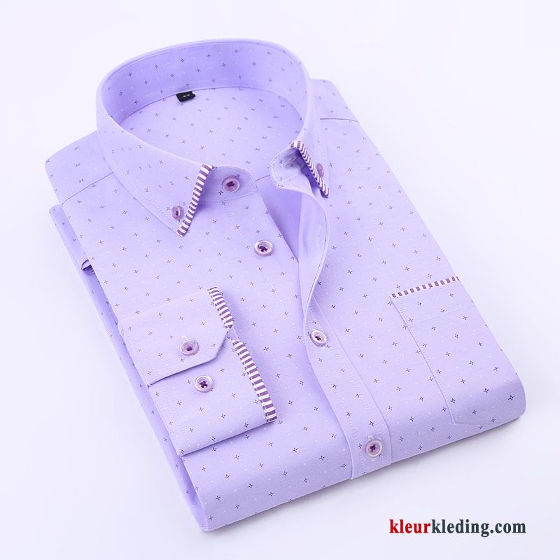 Heren Blauw Geklede Draak Purper Wit Overhemd Effen Kleur Slim Fit