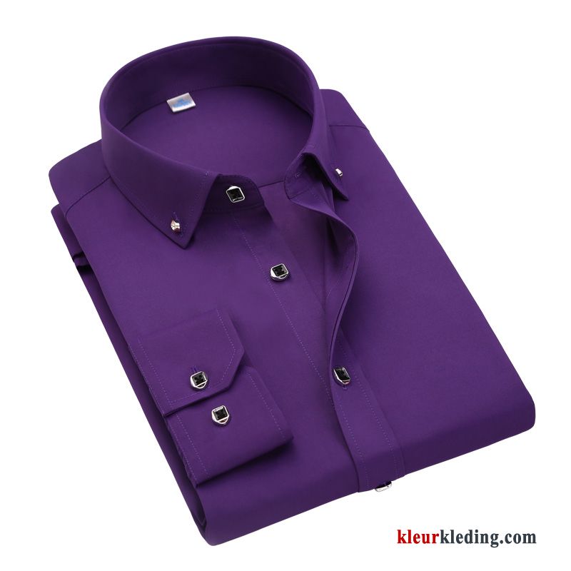 Heren Blauw Geklede Draak Purper Wit Overhemd Effen Kleur Slim Fit