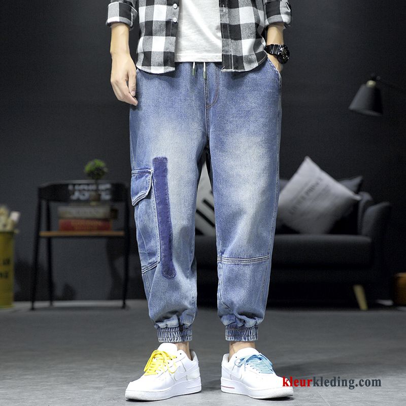 Heren Casual Broek Trend Wassen Harlan Blauw Losse Cargo Spijkerbroek Jeans