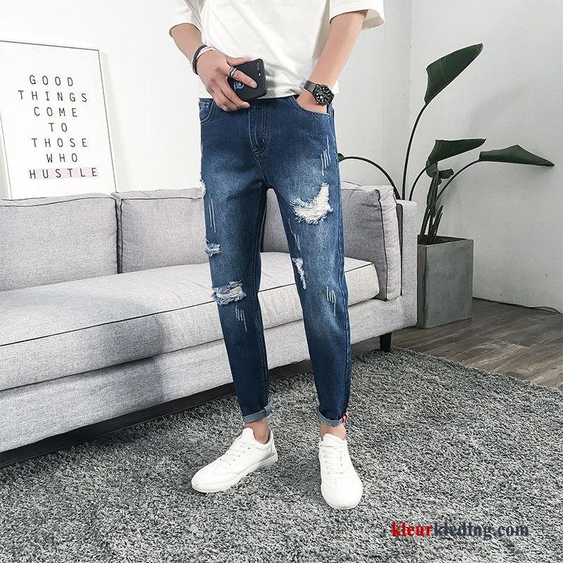 Heren Dunne Jeugd Broek Blauw Slim Fit Elastiek Mini Spijkerbroek Jeans