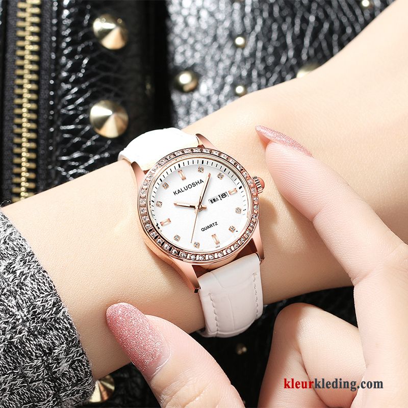 Heren Echte Dames Student Mode Trend Horloge Echt Leer Gouden