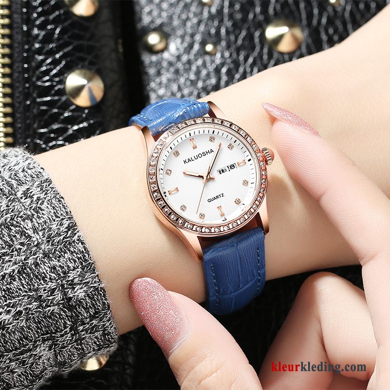 Heren Echte Dames Student Mode Trend Horloge Echt Leer Gouden