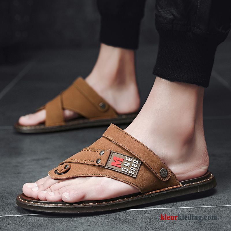 Heren Flip Flops Bruin Pantoffels Leer Sandaal Mannen Bovenkleding Trend Slipper