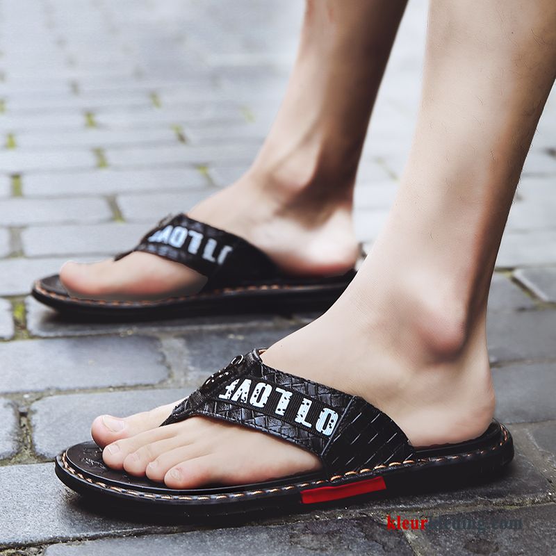 Heren Flip Flops Echt Leer Slipper Persoonlijk Schoenen Sandaal Trend Pantoffels Zomer Zwart