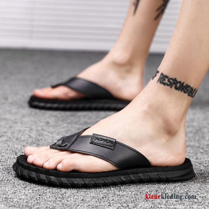 Heren Flip Flops Leer Schoenen Sandaal Pantoffels Casual Mannen Persoonlijk Strand Zwart