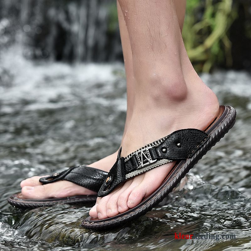 Heren Flip Flops Pantoffels Persoonlijk Outdoor Antislip Mannen Leer Zomer Strand Zwart