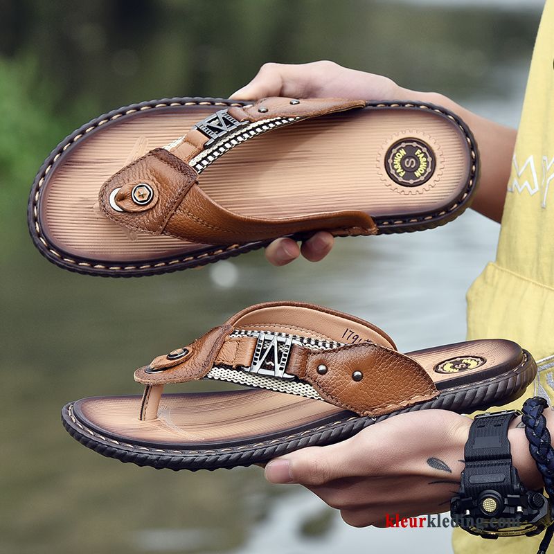 Heren Flip Flops Pantoffels Persoonlijk Outdoor Antislip Mannen Leer Zomer Strand Zwart