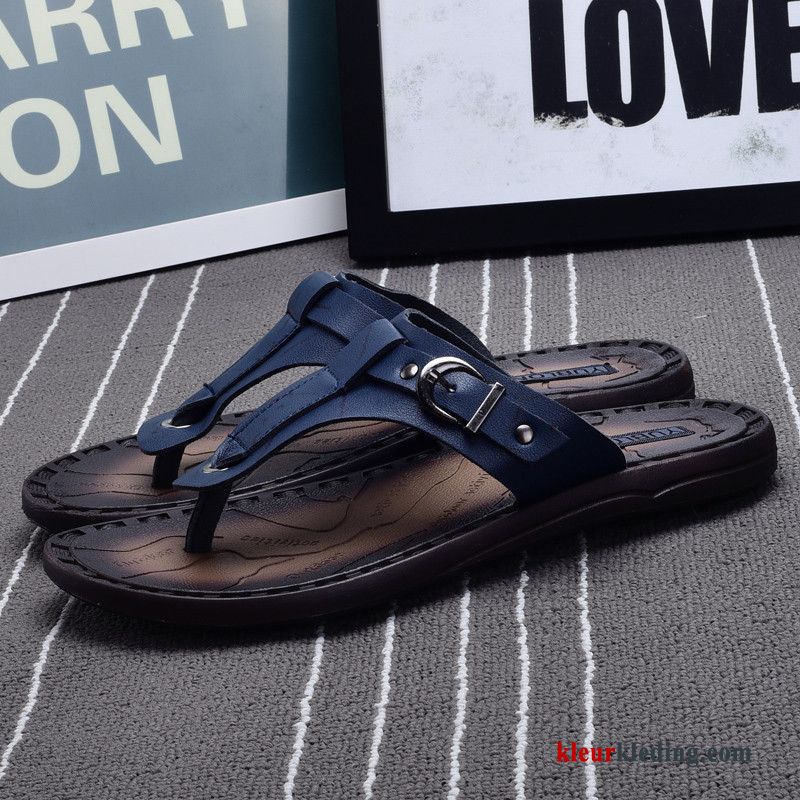 Heren Flip Flops Persoonlijk Antislip Outdoor Leer Schoenen Slipper Trend Mannen Blauw