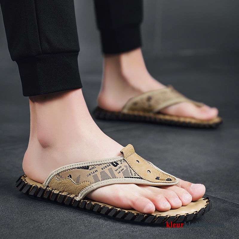 Heren Flip Flops Slipper Mannen Persoonlijk Outdoor Zomer Sandaal Pantoffels Leer Kaki