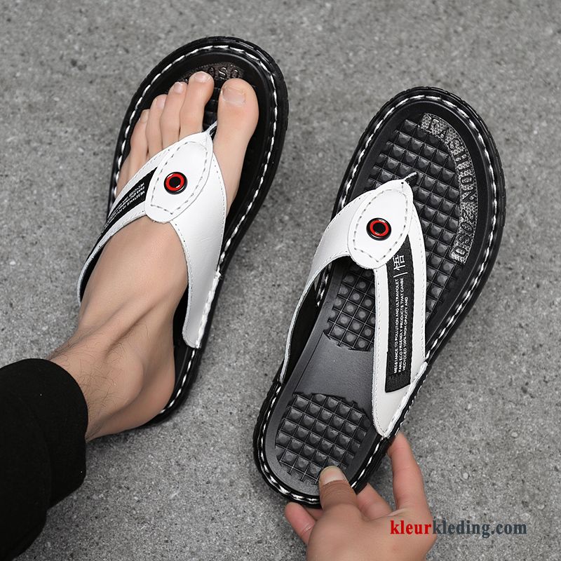 Heren Flip Flops Trend Antislip Zomer Echt Leer Pantoffels Mannen Sandaal Strand Wit