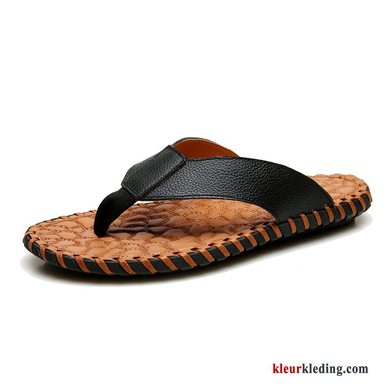 Heren Flip Flops Zomer Echt Leer Antislip Zachte Zolen Trend Slipper Pantoffels Strand Rood Wit