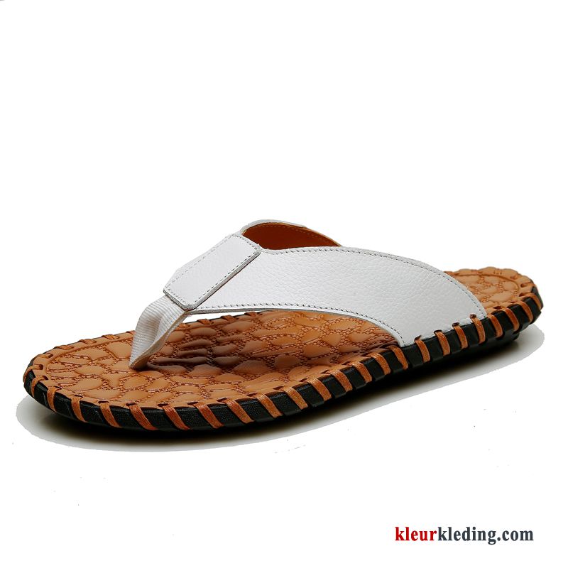 Heren Flip Flops Zomer Echt Leer Antislip Zachte Zolen Trend Slipper Pantoffels Strand Rood Wit