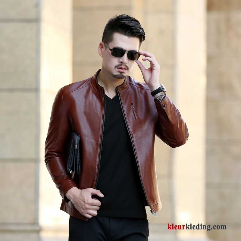 Heren Hoge Kraag Herfst Jack Leren Jas Slim Fit Trend 2018 Bruine