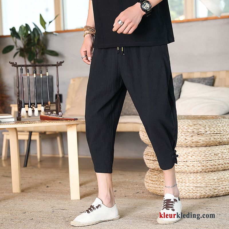 Heren Korte Broek Capri Broek Losse Donkergroen Chinese Stijl Katoen En Linnen Mannelijk Trend Zomer