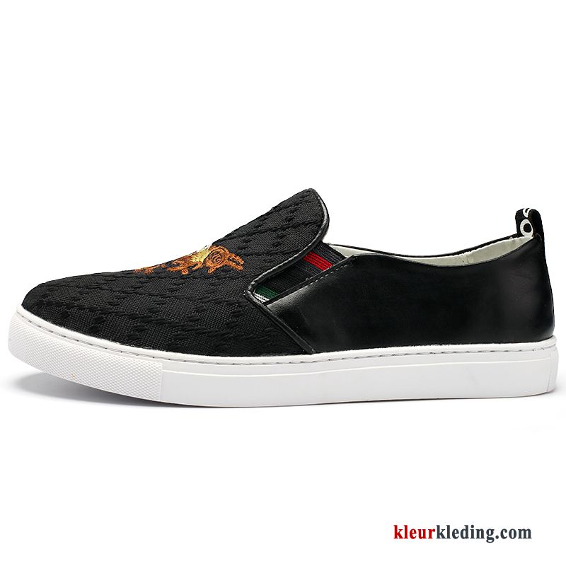 Heren Mocassins Canvas Bedrukken Skateboard Schoenen Jeugd Casual Mannen Borduurwerk Loafers Zwart