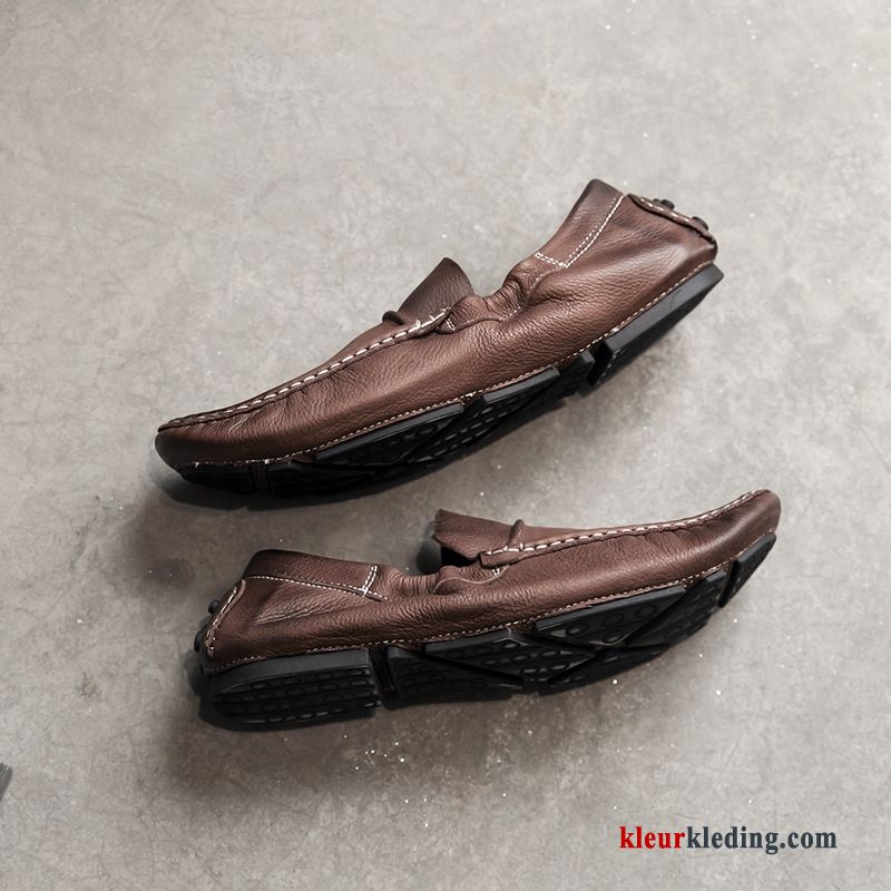 Heren Mocassins Voorjaar Echt Leer Brits Zachte Zolen Vintage Loafers Bootschoenen Slip On Zwart