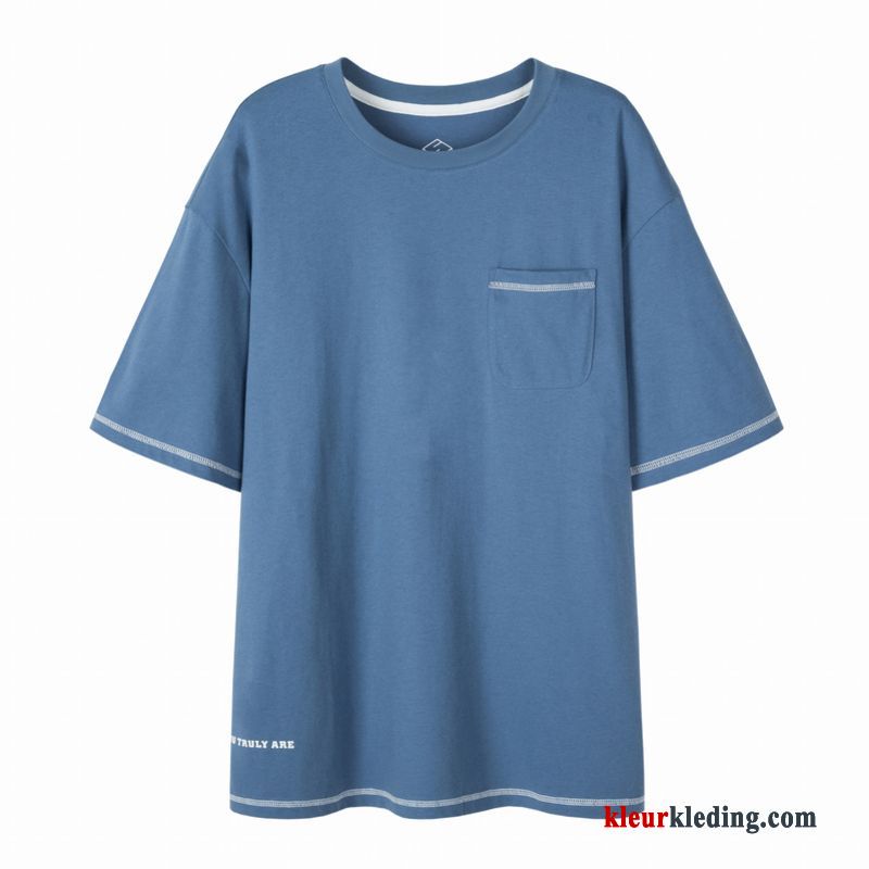 Heren Nieuw Korte Mouw Losse Jasje Katoen T-shirts Blauw Dunne