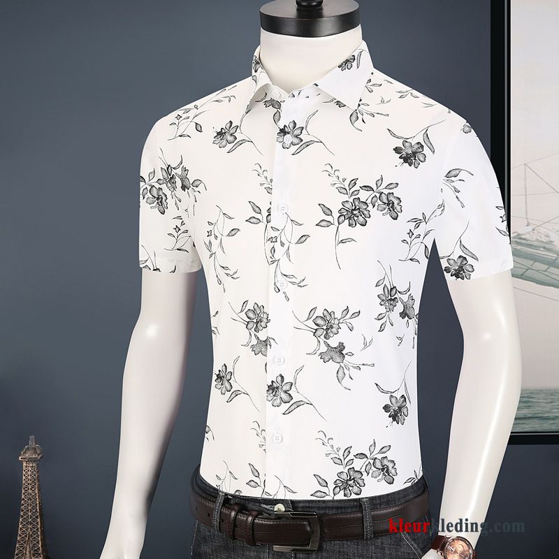 Heren Overhemd Kort Mouw Casual Trend Wit Bedrukken Overhemd Korte Mouw Mannelijk Zomer