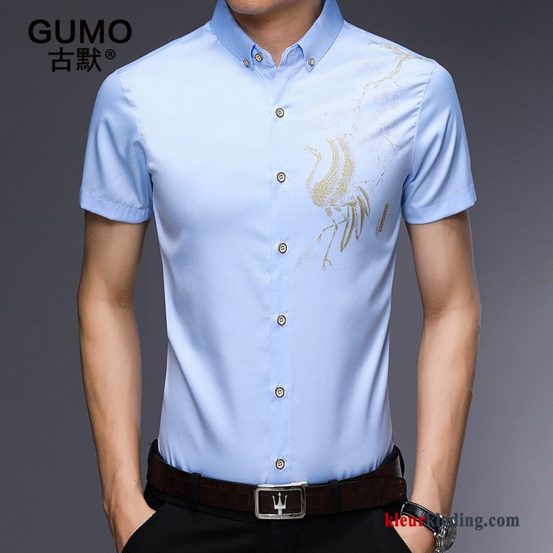 Heren Overhemd Kort Mouw Dun Bedrukken Zomer Korte Mouw Blauw Mannelijk Trend Nieuw