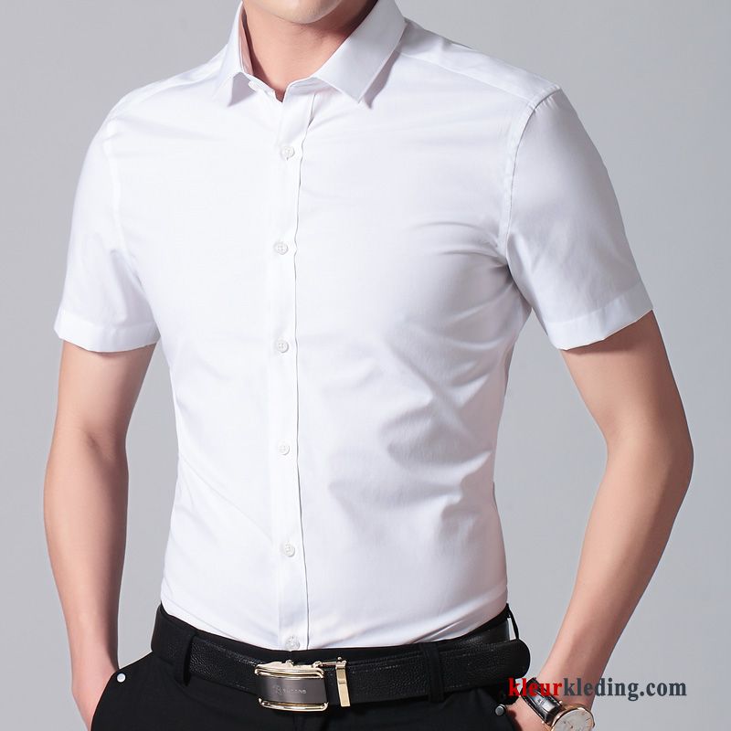 Heren Overhemd Kort Mouw Dunne Lichtblauw Bedrijf Casual Overhemd Wit Korte Mouw Huwelijk