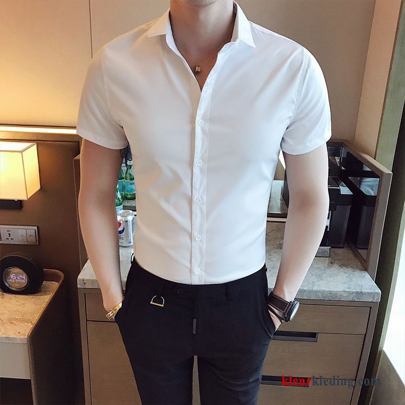 Heren Overhemd Kort Mouw Groen Korte Mouw Overhemd Slim Fit Bedrijf Wit Mannelijk Lange Mouwen