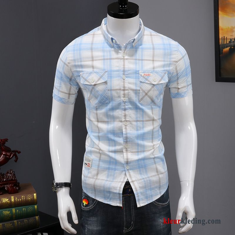 Heren Overhemd Kort Mouw Korte Mouw Mannelijk Slim Fit Overhemd Trendy Merk Casual Katoen Blauw