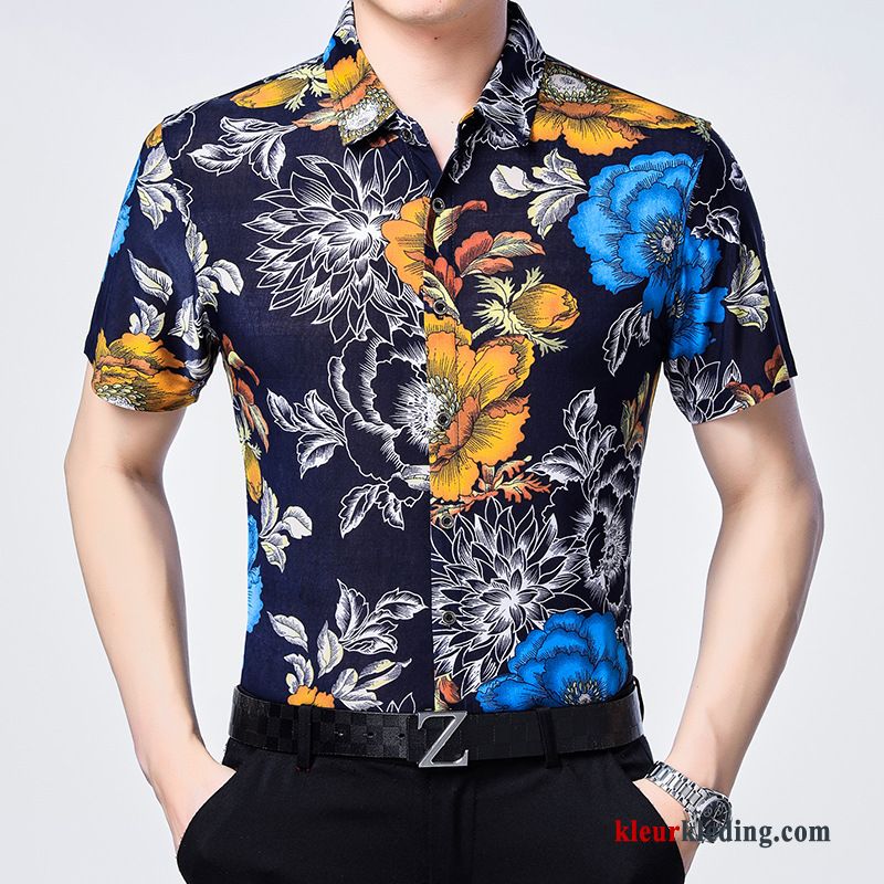 Heren Overhemd Kort Mouw Strand Mode Mannelijk Bloemen Groot Overhemd Patroon Kleur