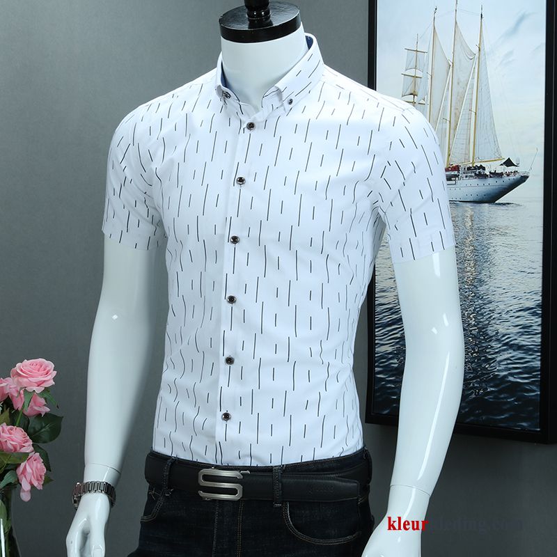 Heren Overhemd Kort Mouw Wit Bedrijf Mannelijk Streep Overhemd Katoen Jeugd Slim Fit