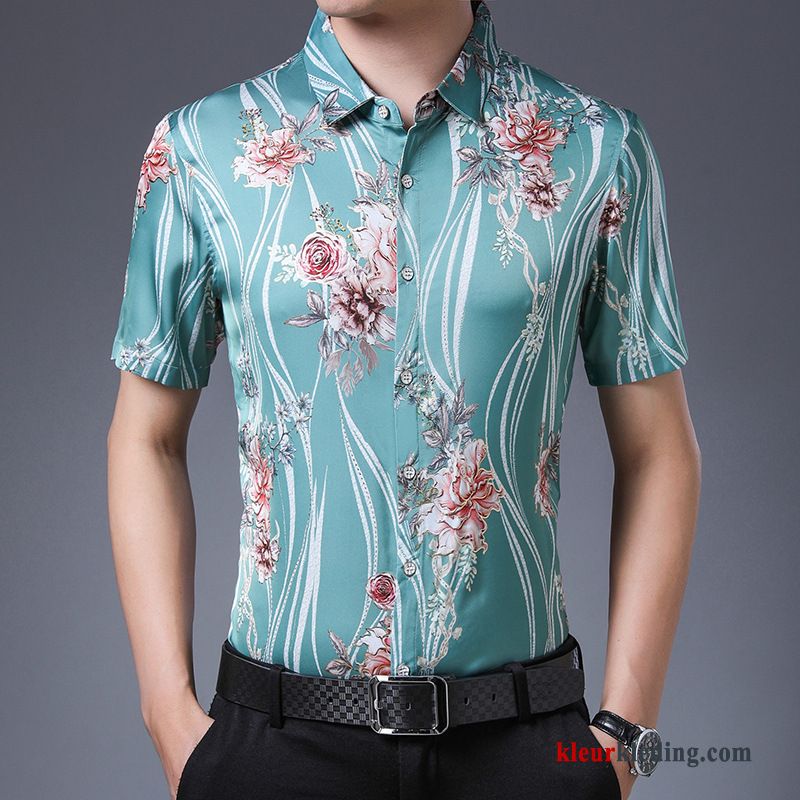 Heren Overhemd Kort Mouw Zomer Roze Nieuw Patroon Bloemen Bedrukken Persoonlijk Overhemd