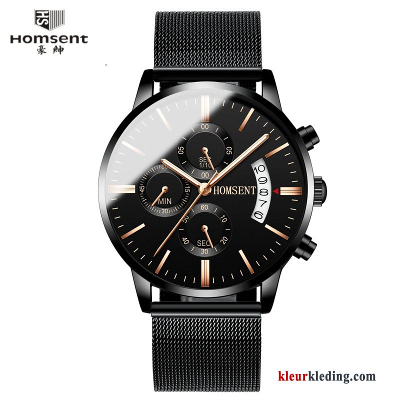 Heren Quartz Horloge Sport Student Mode Kalender Echte Waterdicht Zwart Zilver