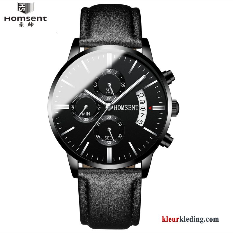 Heren Quartz Horloge Sport Student Mode Kalender Echte Waterdicht Zwart Zilver