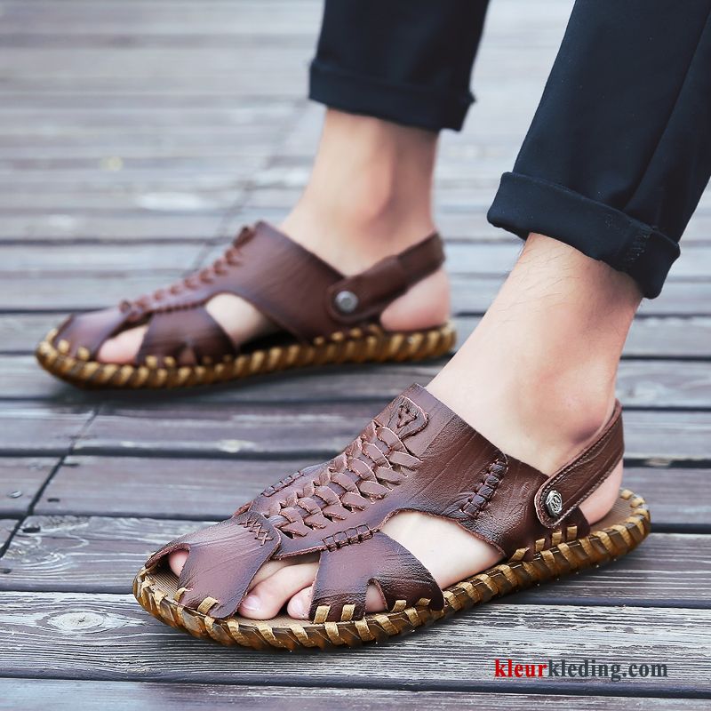 Heren Sandaal Bovenkleding Pantoffels Mannen Strand Zachte Zolen Casual Echt Leer Zomer Kaki