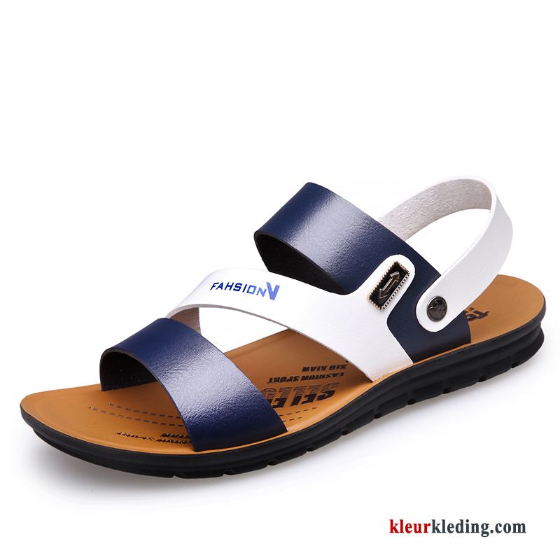 Heren Sandaal Trend Zomer Strand Comfortabele Antislip Zachte Zolen Schoenen Echt Leer Blauw