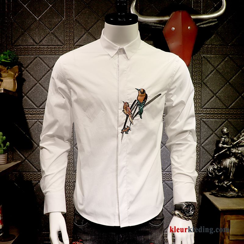 Heren Slim Fit Borduurwerk Persoonlijk Vogel Overhemd Trend Lange Mouwen Mannelijk