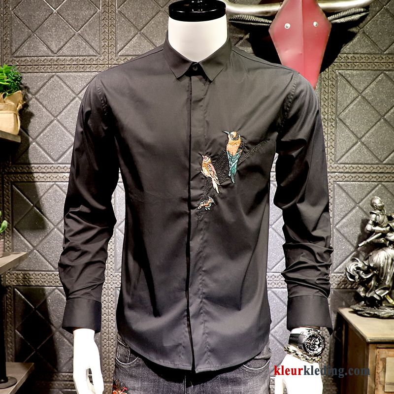 Heren Slim Fit Borduurwerk Persoonlijk Vogel Overhemd Trend Lange Mouwen Mannelijk