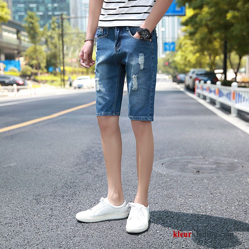 Heren Slim Fit Zomer Dunne Korte Broek Gaten Trend Spijkerbroek Jeans Mannelijk