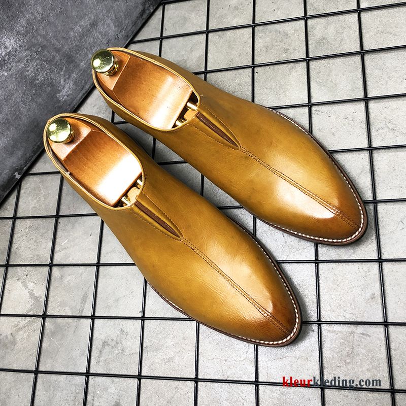 Heren Slip On Mode Brits Casual Mannen Leren Schoenen Mocassin Punt Zwart