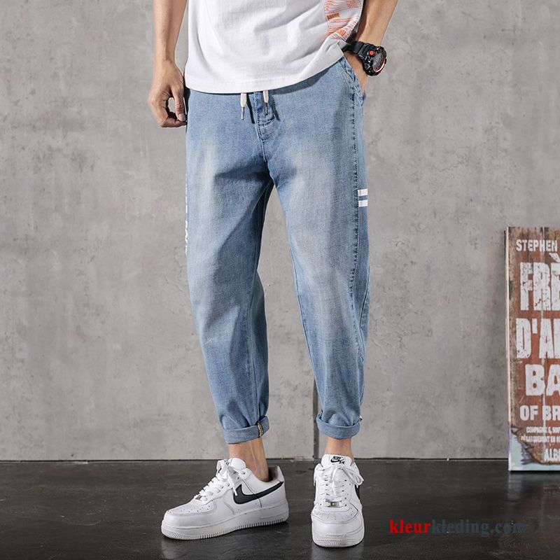 Heren Spijkerbroek Losse Student Blauw Casual Potlood Broek Trendy Merk Zomer Bedrukken