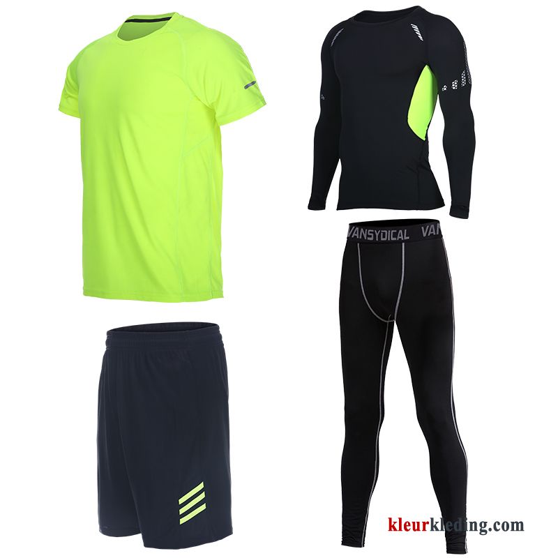 Heren Sportkleding Geschiktheid Groen Running Kleding Sport Korte Broek Korte Mouw Fluo Snel Droog