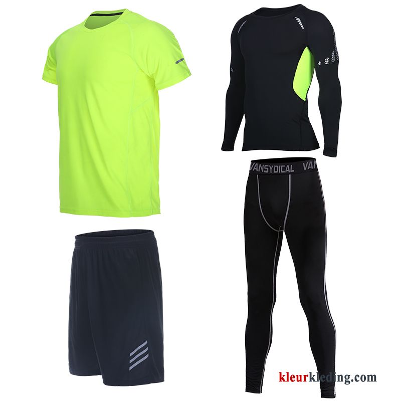 Heren Sportkleding Geschiktheid Groen Running Kleding Sport Korte Broek Korte Mouw Fluo Snel Droog