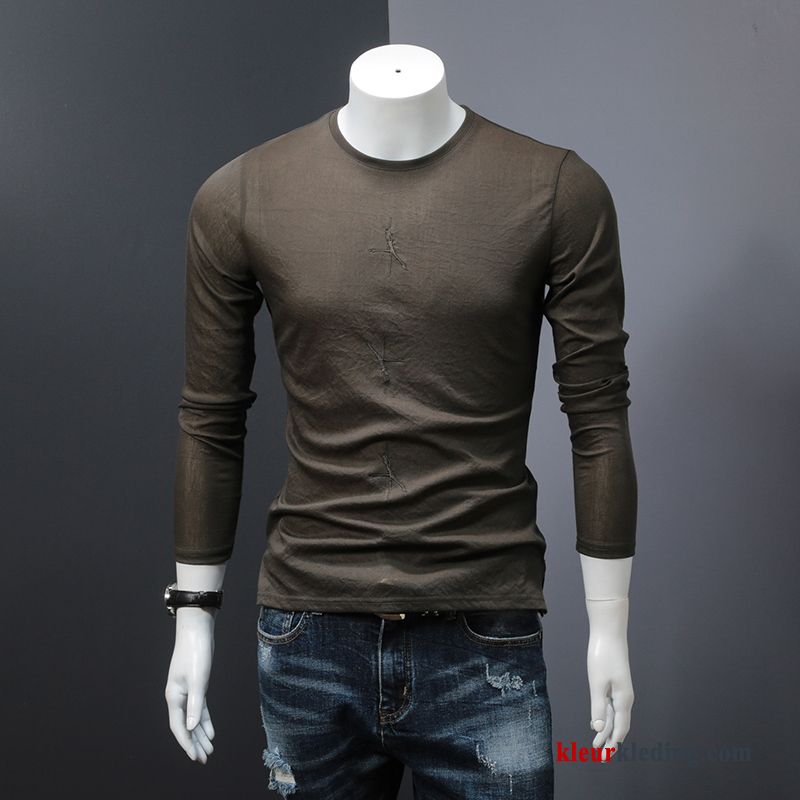 Heren T-shirt Lange Mouw Ronde Hals Herfst Mannelijk T-shirts Lange Mouwen Trend Geborduurde Onderhemd Bruine