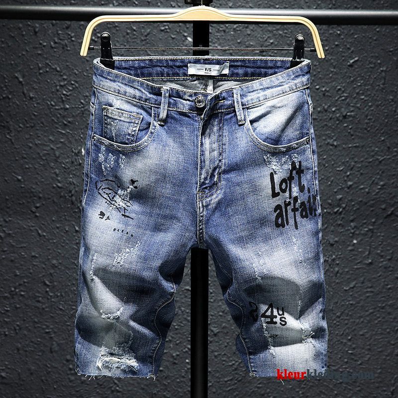 Heren Trend Blauw Zomer Dunne Korte Broek Gaten Denim