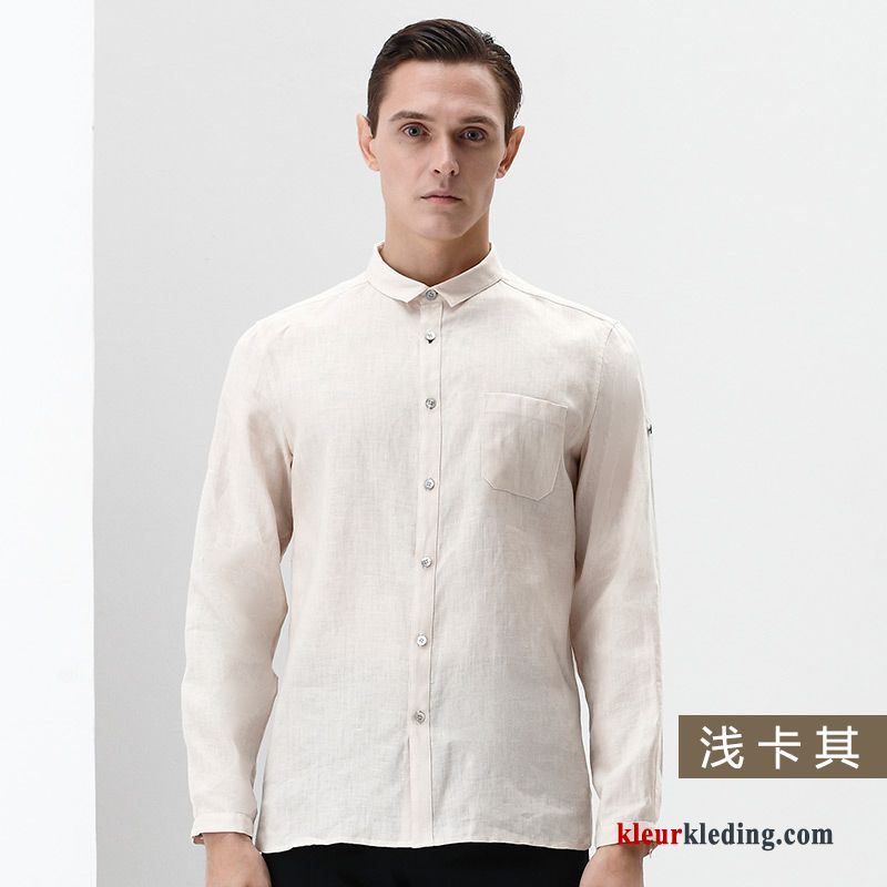 Heren Trend Wit Zuiver Lange Mouwen Chinese Stijl Overhemd Mini Vierkante Hals